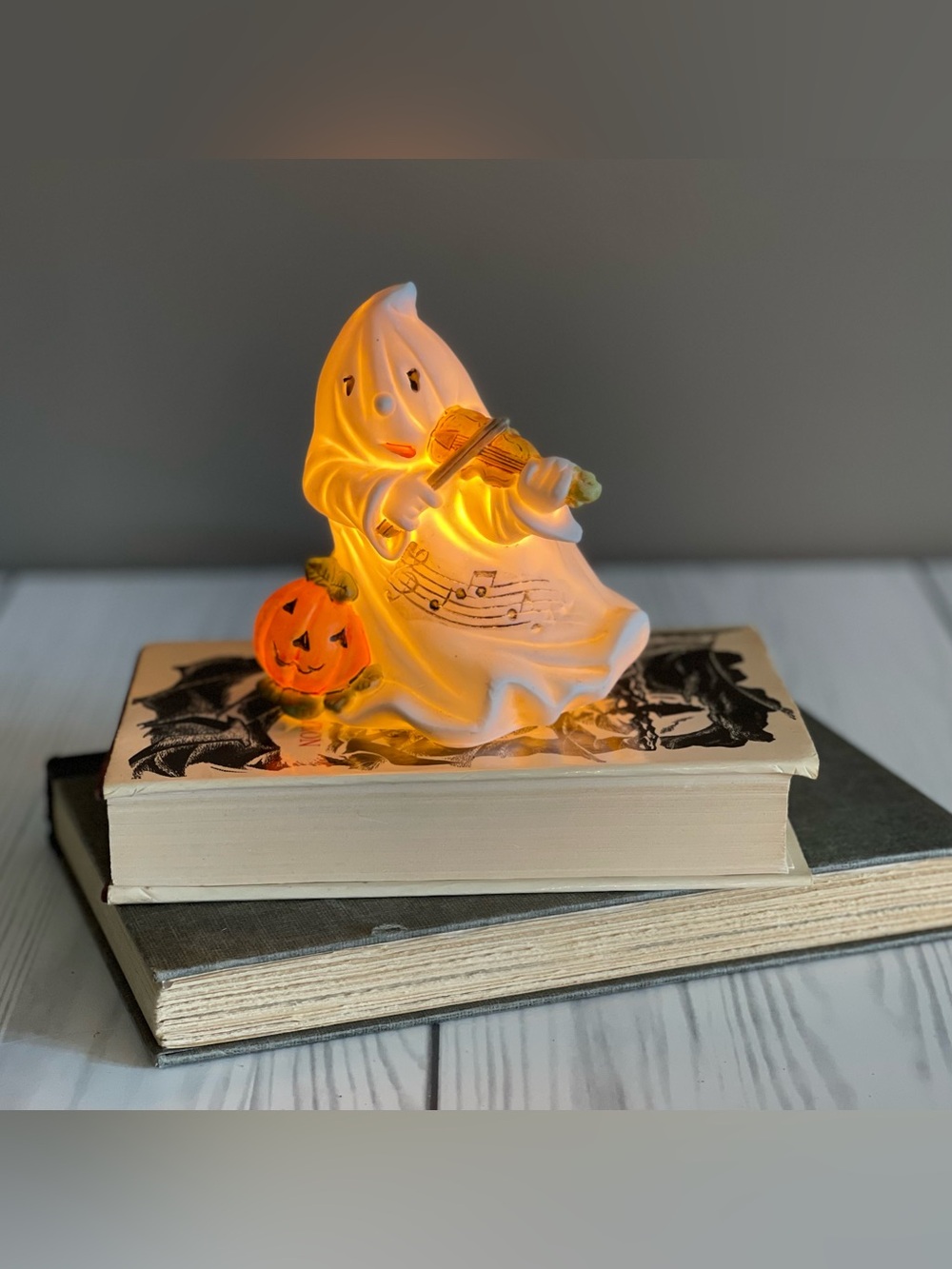 Vintage Ceramic Ghost Light Playing Violin Halloween Figurine with Pumpkin